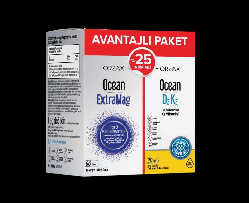 Ocean Extramag 60 Tablet + Ocean D3 K2 20 ml %25 İndirimli Kofre