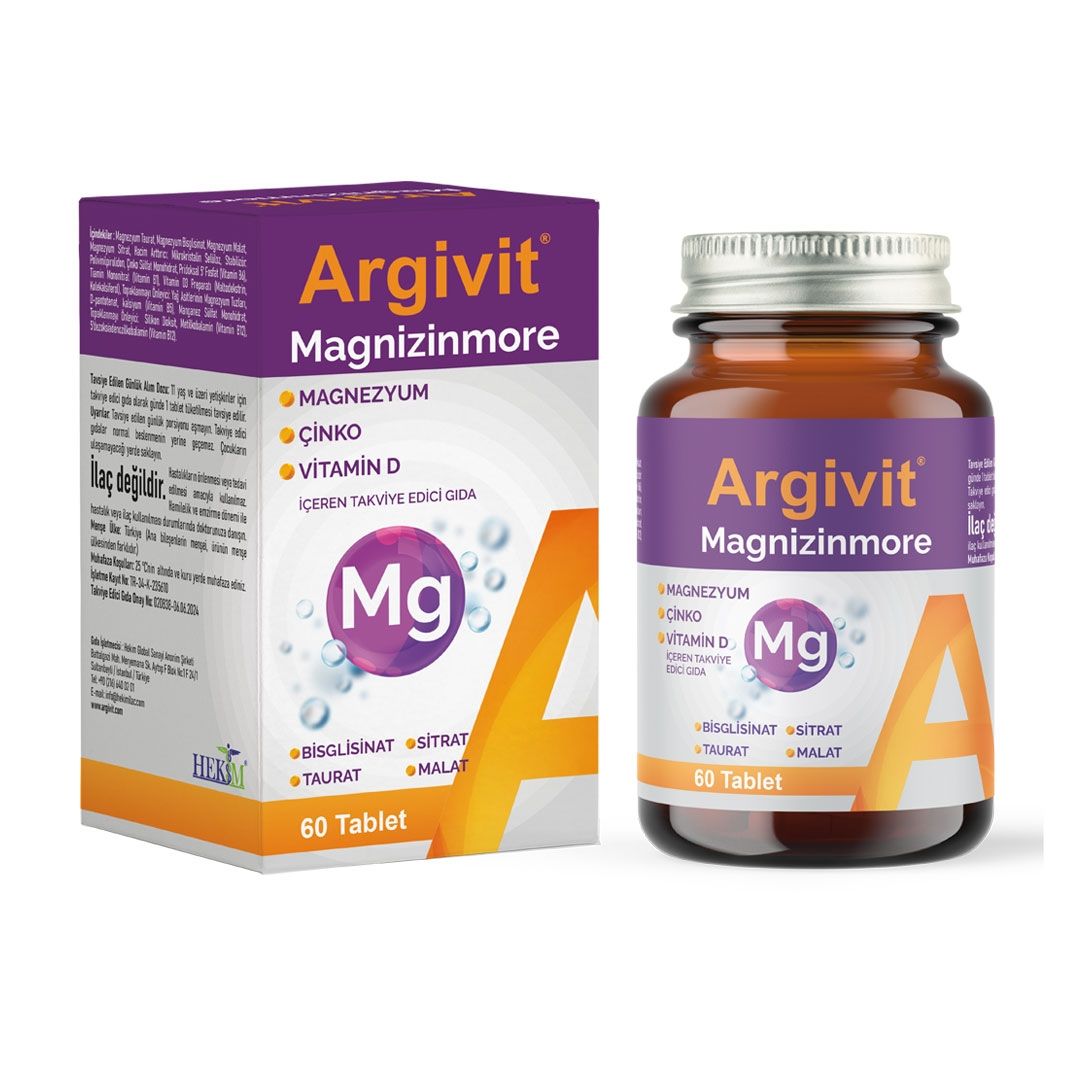 Argivit Magnizinmore Magnezyum, Çinko ve Vitamin D İçeren Takviye Edici Gıda 60 Tablet